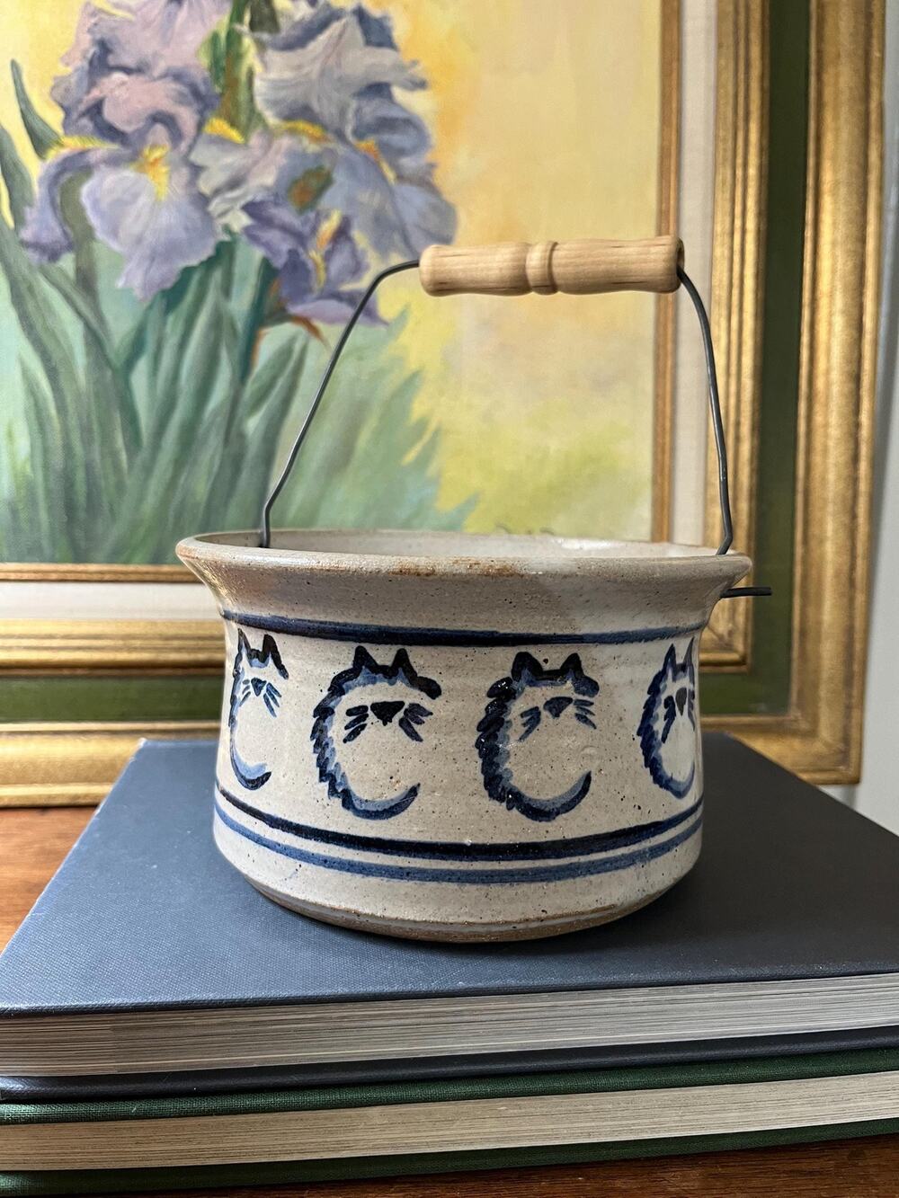 Vintage hand thrown salt glaze stoneware crock with blue cat motifs and handle